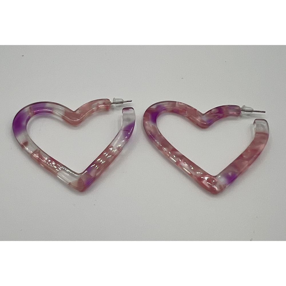 Pink Purple Marbled Heart Hoop Earrings Acrylic Statement Jewelry Post Back